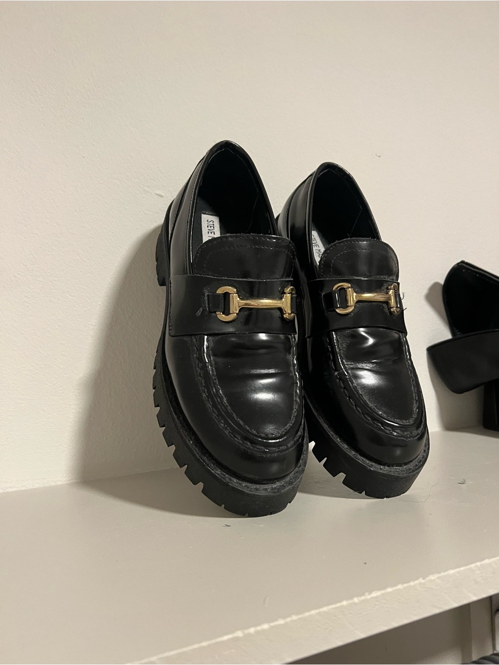 Steve Madden Black Leather Gold-Accent Lug Sole Loafers
